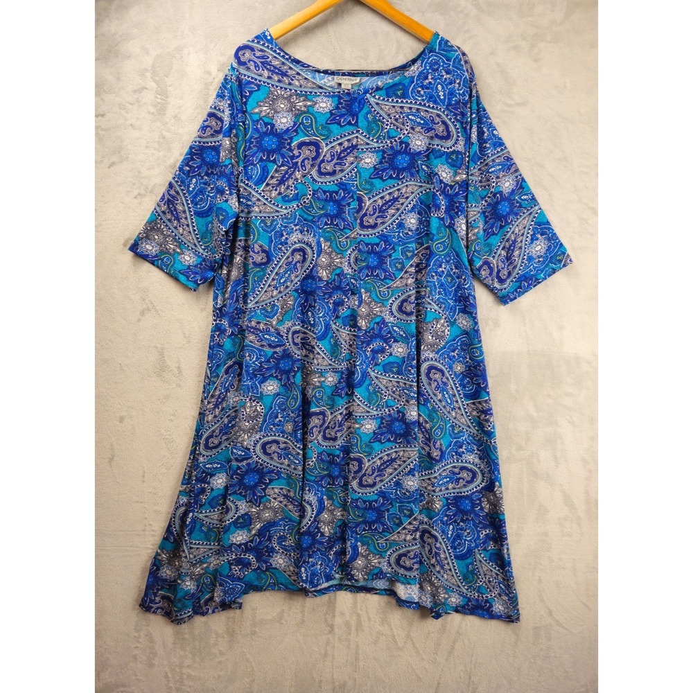 Catherines Womens Plus Size 2X Blue Paisley Midi Dress Flowy A Line Asymmetrical
